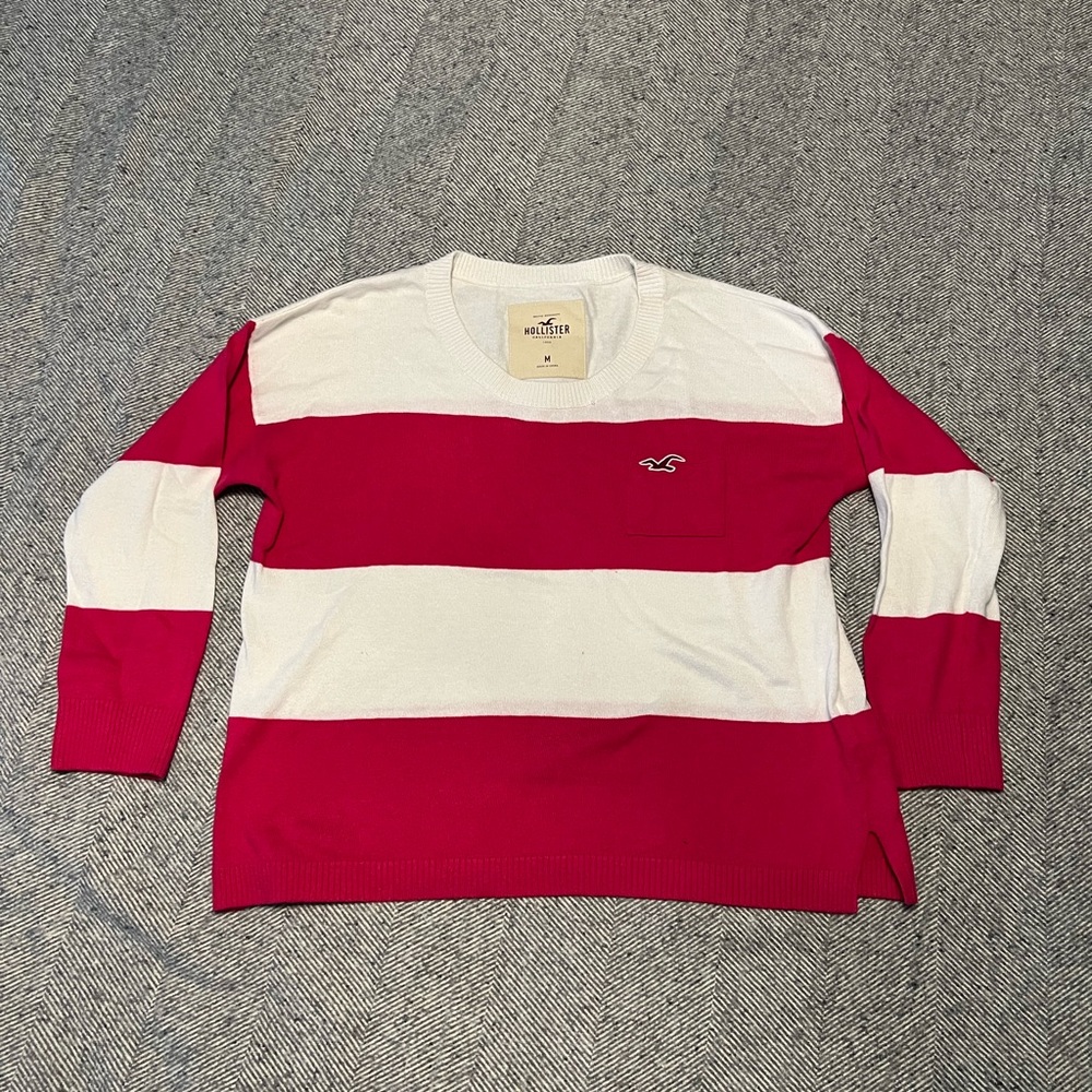 Hollister Pink and White Striped Sweater